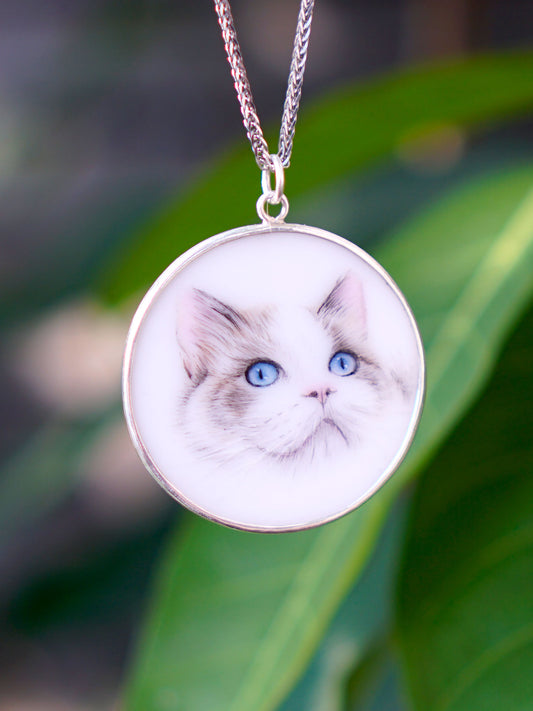 Customizable Hand-Painted Porcelain Pet Portrait Pendant with Silver Trim